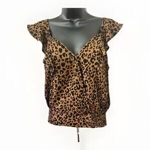 Sienna Sky Leopard Print Ruffle Surplice Top Brown Black Women’s Medium